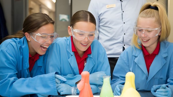 Tres alumnos de la Urangan State High School discuten en el laboratorio durante un experimento.
