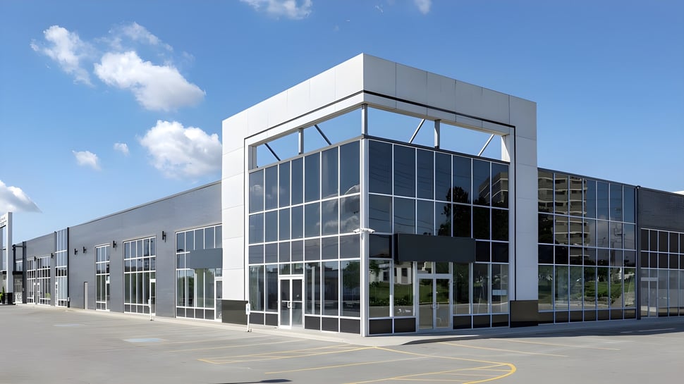 El moderno edificio de varios pisos con fachada de vidrio de la Urban International High School se encuentra frente a un cielo azul.