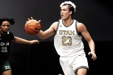 Dos jugadores de baloncesto luchan por el balón en la cancha de la Utah Prep Academy.