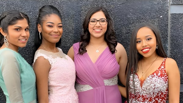 Cuatro estudiantes del Victoria Park Collegiate Institute posan frente a una pared gris estructurada.