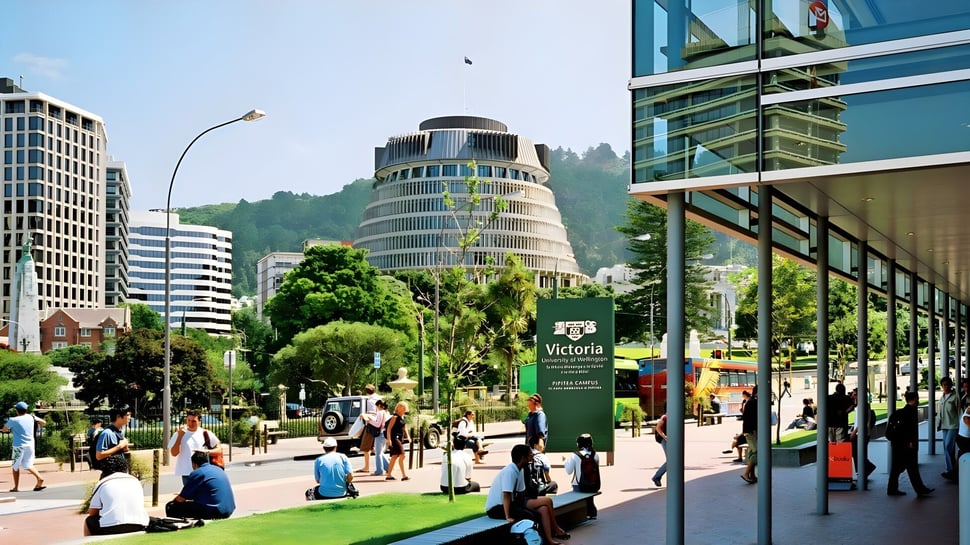 Vista de la moderna silueta de rascacielos y el verde primer plano cerca de la Victoria University of Wellington.