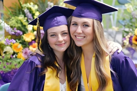Dos graduadas de la Warwick Valley High School posan sonriendo frente a un colorido fondo de flores.