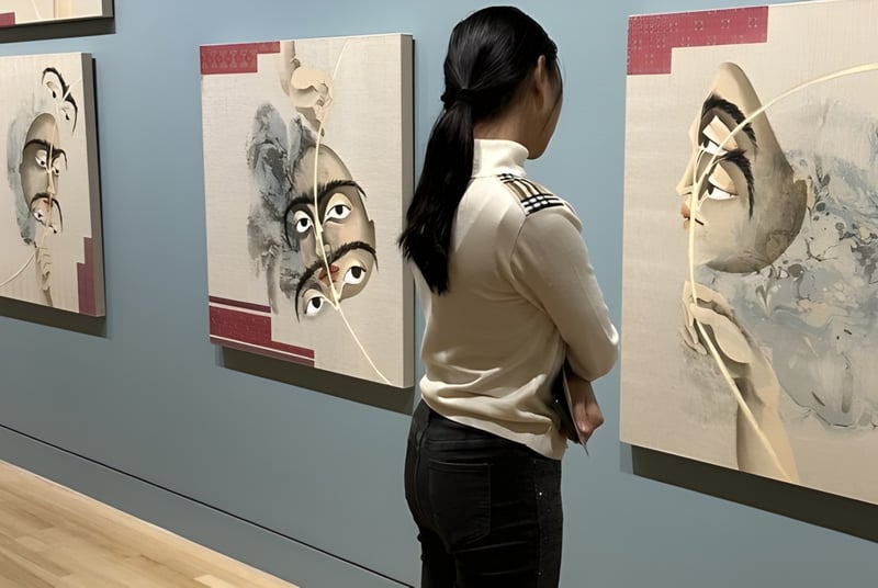 Una persona observa varias obras de arte enmarcadas en una galería en el campus de la Washington Preparatory School.