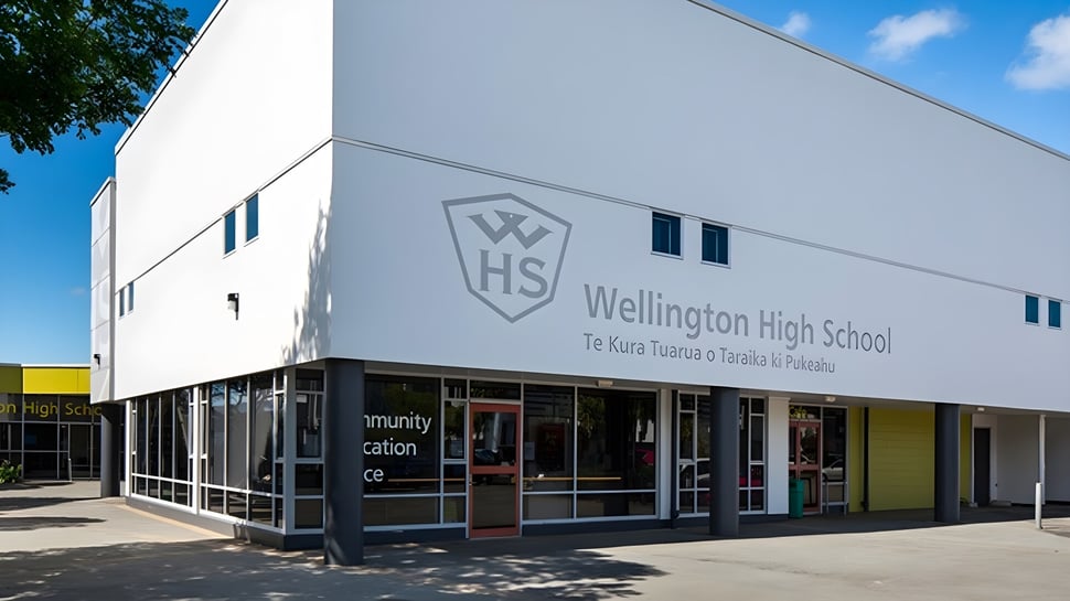 El moderno edificio blanco de la Wellington High School está bajo un cielo azul rodeado de árboles.
