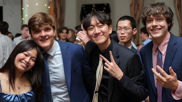 Estudiantes de la Western Reserve Academy se reúnen para una ceremonia de graduación con cortinas decorativas de fondo.