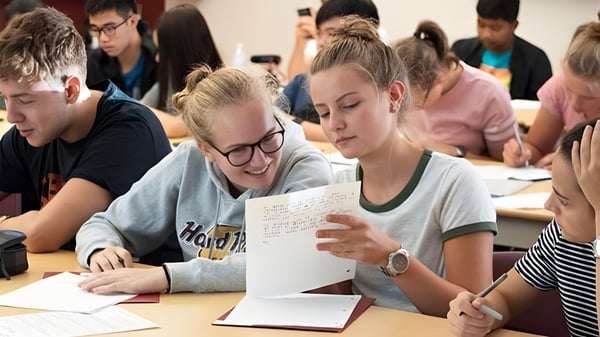 Estudiantes de la Westview Secondary School están sentados en el aula y trabajando en materiales de clase.