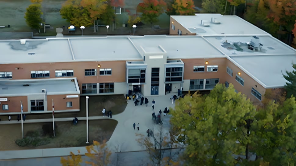 El edificio de varios pisos con fachada de vidrio en el campus de la Westwood High School se ve en un entorno otoñal con árboles y personas.