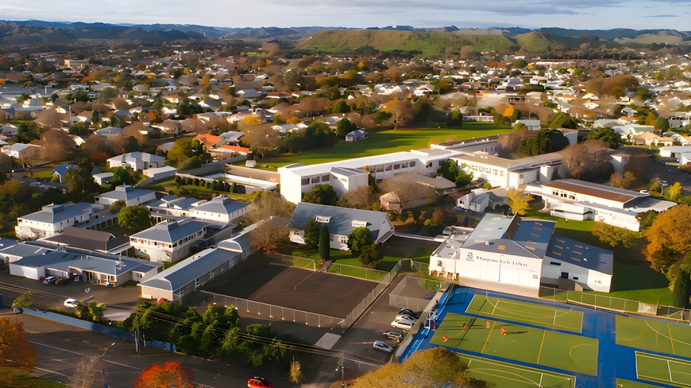 El campus de Whanganui Girls’ College con instalaciones deportivas en una zona suburbana rodeada de colinas y mucho verde.