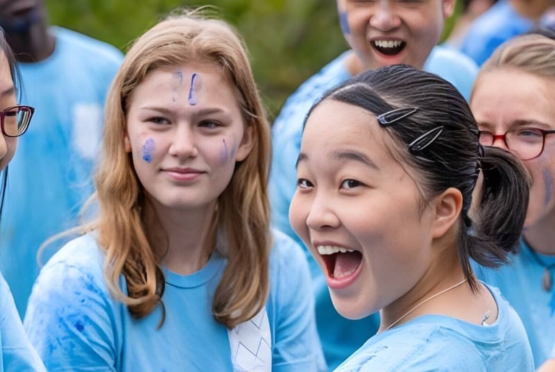 Un grupo de estudiantes de la White Mountain School muestra expresiones emocionales con bocas abiertas frente a un fondo natural.