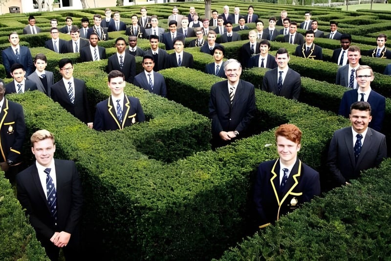 Un grupo de personas con ropa formal está de pie entre setos recortados con precisión en el terreno de la Whitgift School.