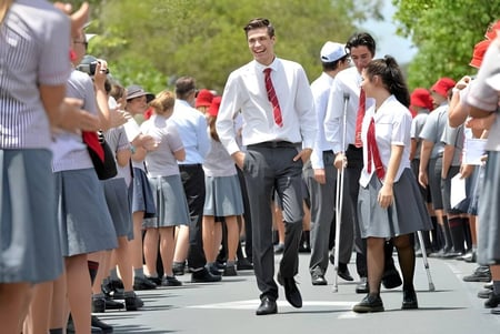 Un grupo de estudiantes de la Whitsunday Anglican School en ropa formal camina por un camino flanqueado por espectadores durante una ceremonia de graduación.