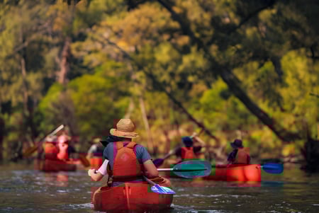 Estudiantes de la William Ross State High School reman en kayaks rojos en un río rodeado de follaje colorido.