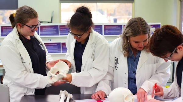 Estudiantes de la Willunga High School investigan juntos un experimento en el laboratorio escolar.