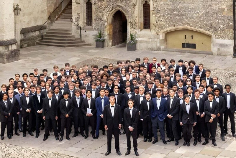 Un gran grupo de estudiantes vestidos de manera formal está frente al edificio histórico de piedra con arcadas decoradas en el campus de Winchester College.