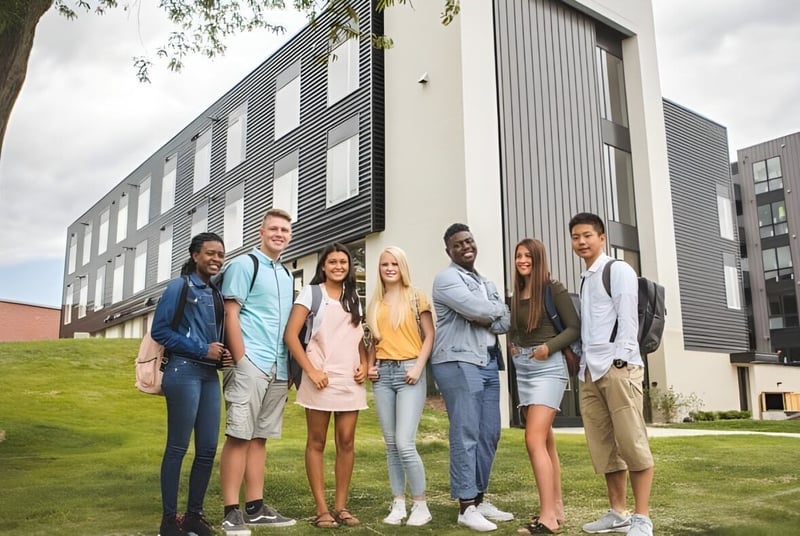 Un grupo de estudiantes está frente al moderno edificio de la Wisconsin Lutheran High School en el área verde.