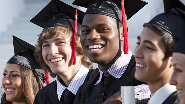 Un grupo de graduados en ropa académica celebra su graduación en la Woodroffe High School.