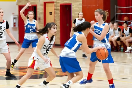Un grupo de jóvenes jugadoras de baloncesto juega un partido en la cancha de baloncesto de la W.R Myers High School.