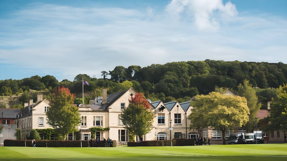 El edificio histórico del Wycliffe College está rodeado de un césped bien cuidado y un paisaje boscoso.
